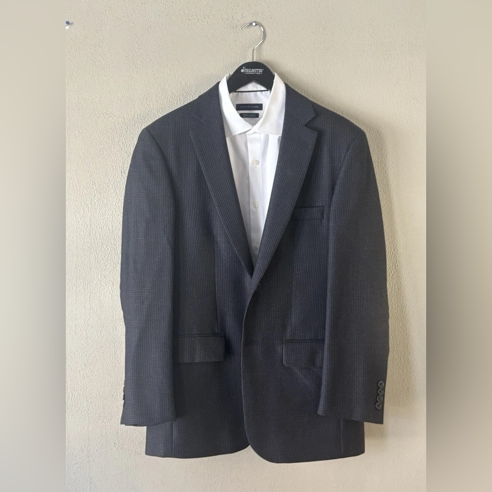 Pronto Uomo Plantinum Men’s Blazer 40R Navy With Light Grey Check 100% Wool